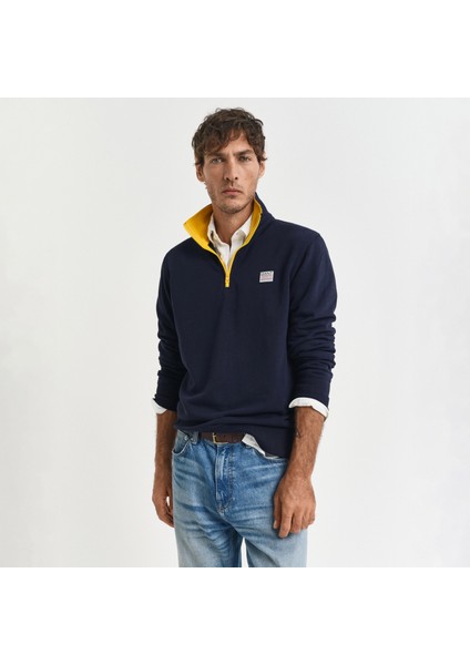 Erkek Lacivert Regular Fit Yarım Fermuarlı Logolu Sweatshirt