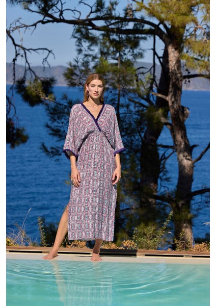 Kadın Etnik Desenli Truvakar Kollu Yırtmaçlı V Yaka Elbise 25021 fırsatları