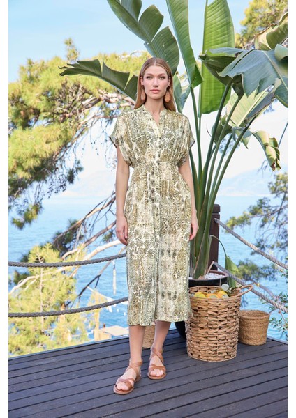 Kadın Etnik Desenli Kısa Kollu Önü Düğmeli V Yaka Elbise 25000