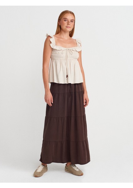 80588 Beli Lastikli Büzgülü Denim Etek-Kahve