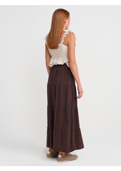 80588 Beli Lastikli Büzgülü Denim Etek-Kahve fiyatları