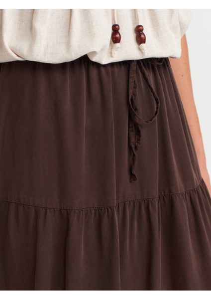 80588 Beli Lastikli Büzgülü Denim Etek-Kahve modelleri