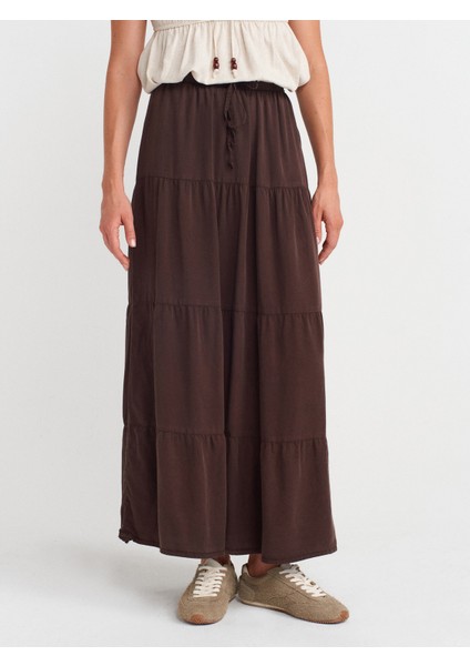 80588 Beli Lastikli Büzgülü Denim Etek-Kahve fırsatları