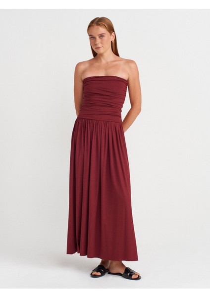 91496 Straplez Büzgülü Elbise-Açık Bordo