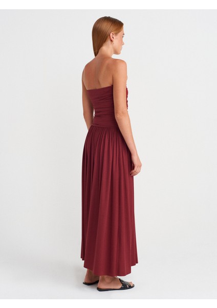 91496 Straplez Büzgülü Elbise-Açık Bordo fiyatları