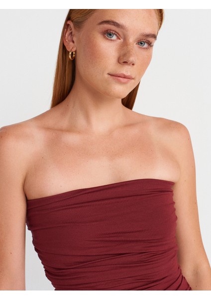 91496 Straplez Büzgülü Elbise-Açık Bordo modelleri