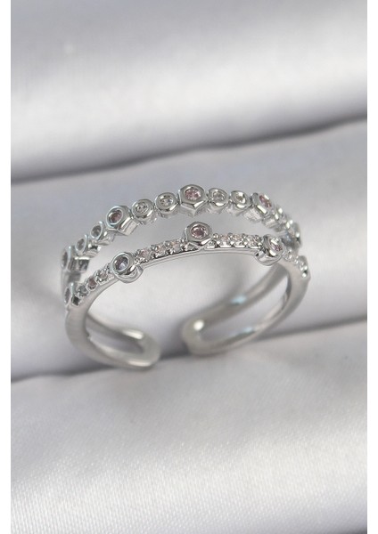 Pirinç Gümüş Renk 2'li Zirkon Taşlı Ayarlanabilir Model Kadın Yüzük - TJ-BYK3742