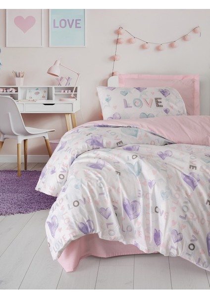 Genç Odası Tek Kişilik Lastikli Çarşaflı Nevresim Takımı Lovella Pembe