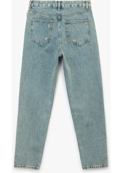 Yüksek Bel Rahat Kalıp Yıpratılmış Zincir Detaylı Mom Jean Pantolon - Mom Slim Jean fiyatları