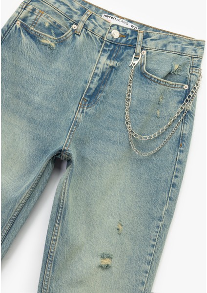 Yüksek Bel Rahat Kalıp Yıpratılmış Zincir Detaylı Mom Jean Pantolon - Mom Slim Jean modelleri