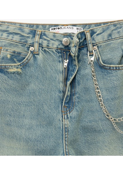 Yüksek Bel Rahat Kalıp Yıpratılmış Zincir Detaylı Mom Jean Pantolon - Mom Slim Jean indirimleri