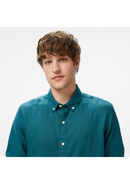 Erkek Yeşil Classic Fit Keten Gömlek fırsatları