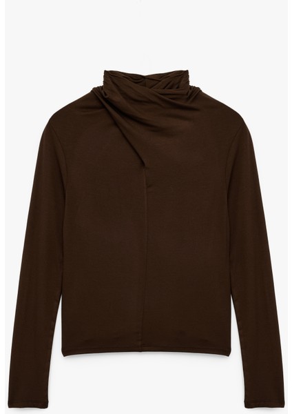 Uzun Kollu Slim Fit Drapeli Dik Yaka Tişört