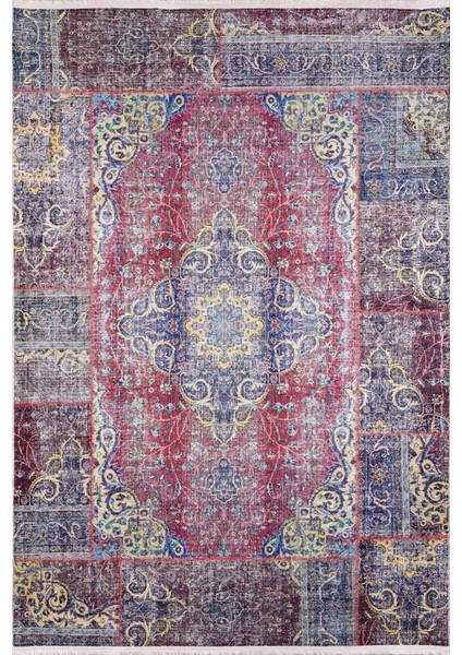 Guarda Kırmızı Göbekli Etnik Modern Desenli Pamuk Makinada Yıkanabilir Hav Toz Vermez Leke Tutmayan Kaymaz Taban Dijital Makine Baskı Salon Yolluk Mutfak Halı