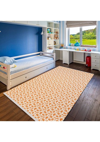Figürlü Turuncu Pamuk Dikdörtgen Modern Desenli Pamuk Makinada Yıkanabilir Hav Toz Vermez Leke Tutmayan Kaymaz Taban Dijital Makine Baskı Salon Yolluk Mutfak Halı fiyatları