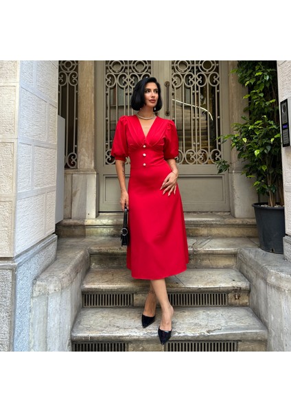 Karpuz Kol Önü Düğmeli Midi Elbise
