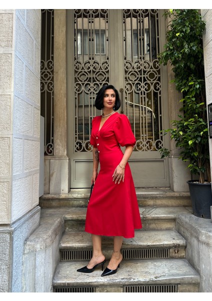 Karpuz Kol Önü Düğmeli Midi Elbise modelleri