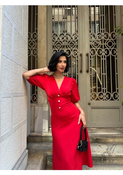 Karpuz Kol Önü Düğmeli Midi Elbise