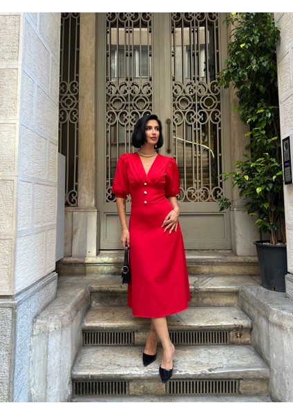 Karpuz Kol Önü Düğmeli Midi Elbise