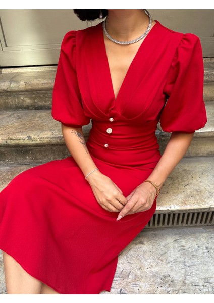 Karpuz Kol Önü Düğmeli Midi Elbise