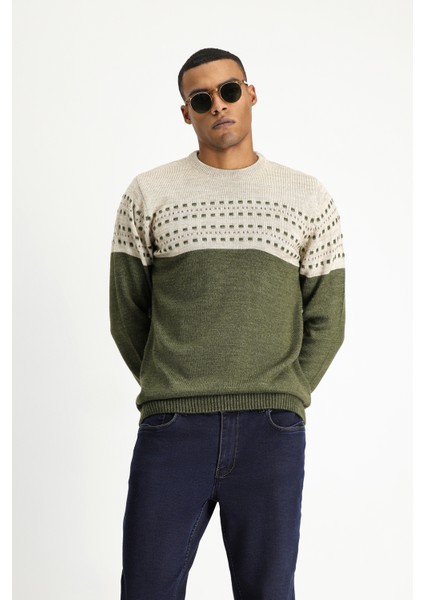 Bisiklet Yaka Slim Fit Dar Kesim Desenli Triko Kazak