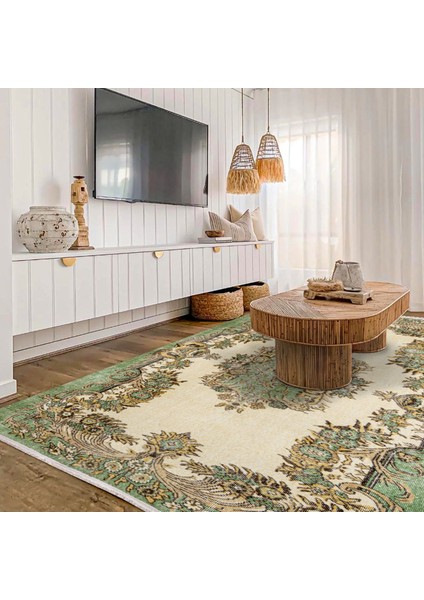 Yeşil Klasik Etnik Modern Desenli Pamuk Makinada Yıkanabilir Hav Toz Vermez Leke Tutmayan Kaymaz Taban Dijital Makine Baskı Salon Yolluk Mutfak Halı modelleri