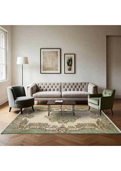 Yeşil Klasik Etnik Modern Desenli Pamuk Makinada Yıkanabilir Hav Toz Vermez Leke Tutmayan Kaymaz Taban Dijital Makine Baskı Salon Yolluk Mutfak Halı fırsatları