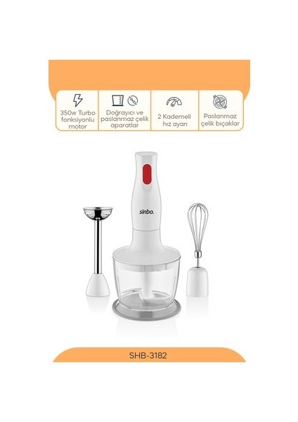 El Tipi Blender - 350 W Güç, 600 ml Kapasite, Doğrama Fonksiyonu, Paslanmaz Çelik Bıçaklar, Ergonomik Tasarım