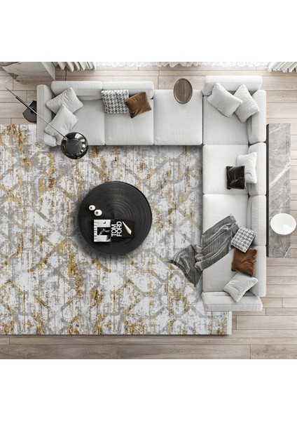 Sarı Geometrik Etnik Modern Desenli Pamuk Makinada Yıkanabilir Hav Toz Vermez Leke Tutmayan Kaymaz Taban Dijital Makine Baskı Salon Yolluk Mutfak Halı modelleri