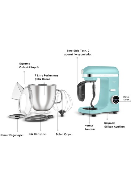 Mastermaid Chef Ultra D2000W Dijital Ekranlı Hamur Yoğurma Makinesi Tiffany 7 L modelleri