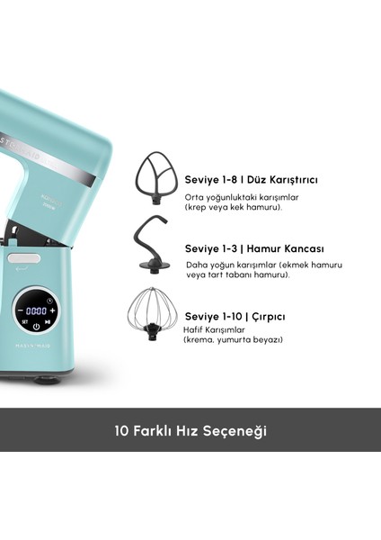 Mastermaid Chef Ultra D2000W Dijital Ekranlı Hamur Yoğurma Makinesi Tiffany 7 L