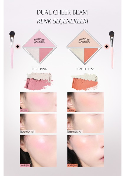 Allık ve Aydınlatıcı Paleti + Fırça Seti MUZIGAE MANSION Dual Cheek Beam Set (01 Pure Pink) fırsatları