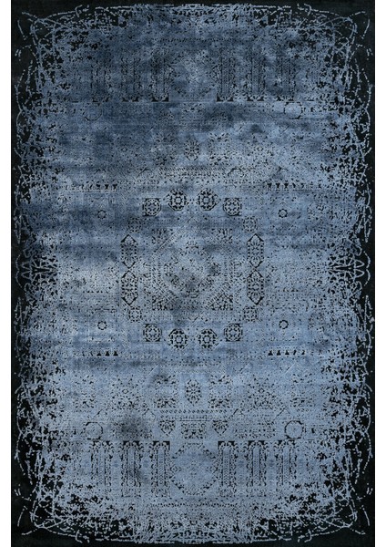 Lacivert Klasik Etnik Modern Desenli Pamuk Makinada Yıkanabilir Hav Toz Vermez Leke Tutmayan Kaymaz Taban Dijital Makine Baskı Salon Yolluk Mutfak Halı