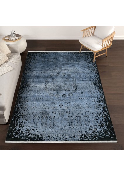 Lacivert Klasik Etnik Modern Desenli Pamuk Makinada Yıkanabilir Hav Toz Vermez Leke Tutmayan Kaymaz Taban Dijital Makine Baskı Salon Yolluk Mutfak Halı fiyatları