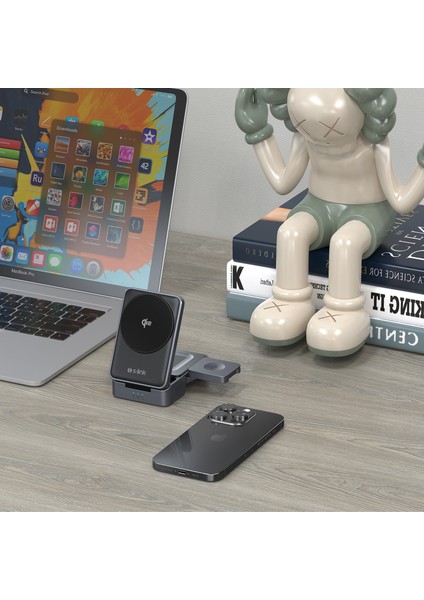 SW-CWF116 Telefon Kulaklık Akıllı Saat 15W 3 In 1 Magsafe Iq2 Kablosuz Şarj Cihazı Siyah