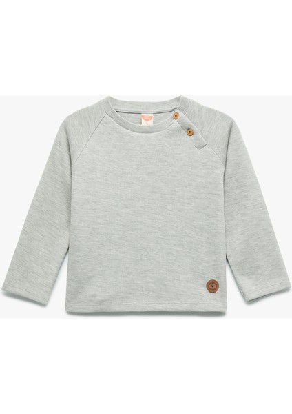Pamuklu Düğmeli Uzun Kollu Bisiklet Yaka Sweatshirt