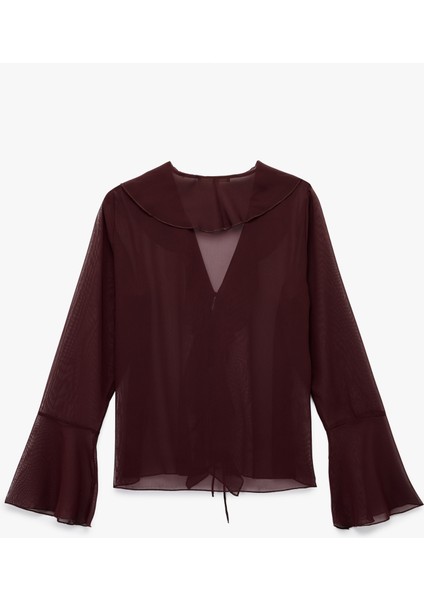 Önden Bağlama Detaylı Uzun Kollu V Yaka Fırfırlı Şifon Gömlek fiyatları