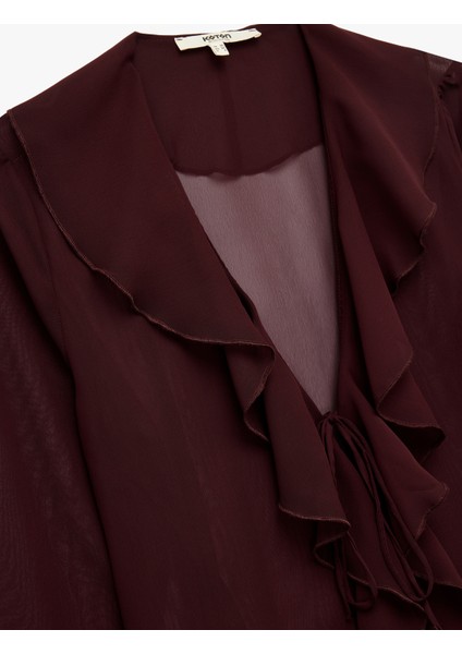 Önden Bağlama Detaylı Uzun Kollu V Yaka Fırfırlı Şifon Gömlek modelleri