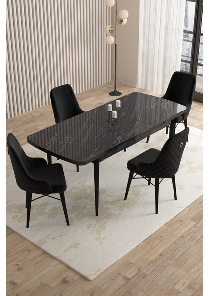 Mazaka Siyah Mermer 80X132 Açılabilir Mdf Masa Yemek Odası Takımı, Mutfak Takımı 4 Adet Sandalye fiyatları