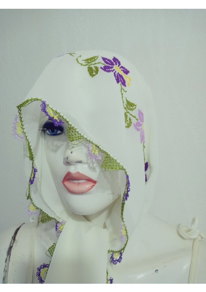 El Emeği Nakış Işlemeli Iğne Oyalı Namaz Örtüsü Çeyizlik Mevlit Başörtüsü Krep Kumaş 145X75 cm