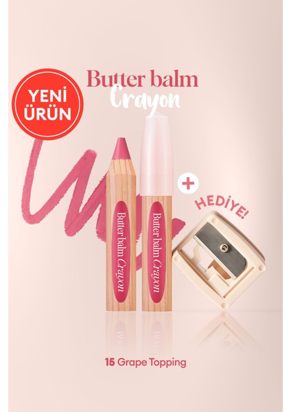 Kremsi, Kalem Şeklinde Renkli Dudak Balmı & Kalemtıraş Clıo Butter Balm Crayon 015 Grape Topping
