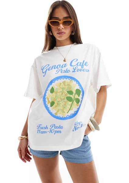 Trend Kadın Tişört - %100 Pamuk Genoa Temalı Baskılı Oversize Beyaz