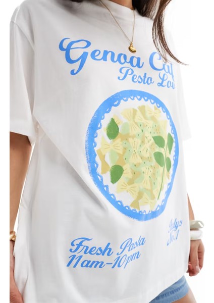 Trend Kadın Tişört - %100 Pamuk Genoa Temalı Baskılı Oversize Beyaz fiyatları