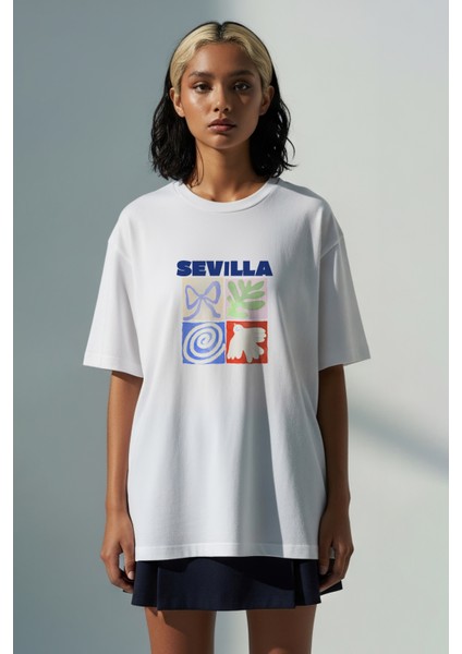 Trend Kadın Tişört - %100 Pamuk Sevilladesen Baskılı Oversize Beyaz