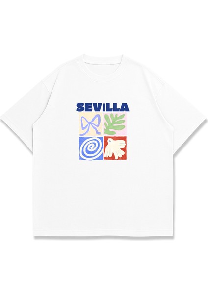 Trend Kadın Tişört - %100 Pamuk Sevilladesen Baskılı Oversize Beyaz modelleri