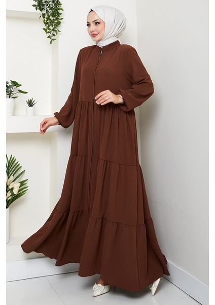 Kat Detaylı Fermuarlı Ferace 1586 - Kahve