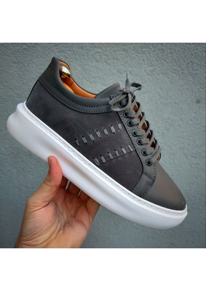 Gri Ithal Suni Deri Yüksek Taban Günlük Bağcıklı Erkek Sneaker Ayakkabı MRT00733