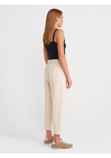 72127 Beli Lastikli Pamuklu Pantolon-Ekru fiyatları