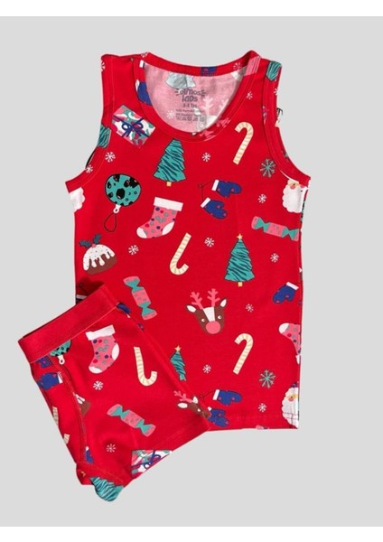 Erkek Çocuk Pamuklu Yeni Yıl Temalı Çam Ağacı Desenli Kutulu Atlet Boxer Takımı