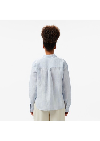 Kadın Mavi Regular Fit Keten Çizgili Gömlek fiyatları